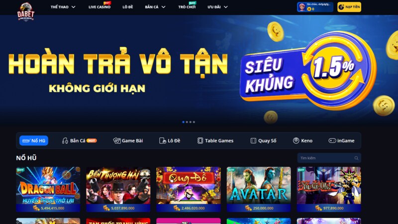 Giao diện chính của cổng game DABET