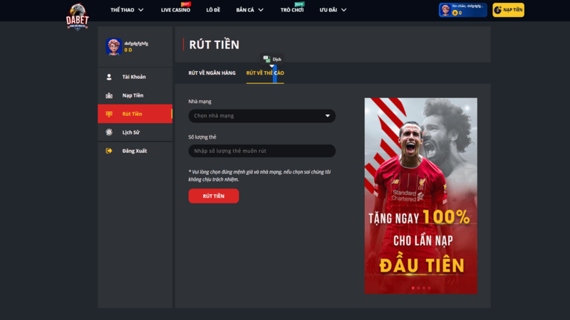 Hướng dẫn rút tiền từ cổng game DABET qua thẻ cào